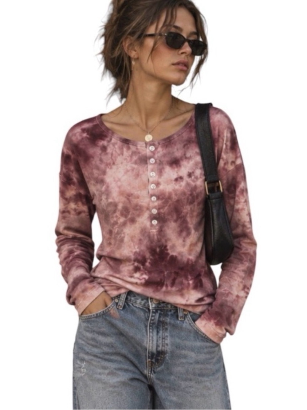 ❤️NWOT Trixxi Women’s Pink Red Tie-Dye Fall Grunge Y2K Henley Longsleeve Top XL